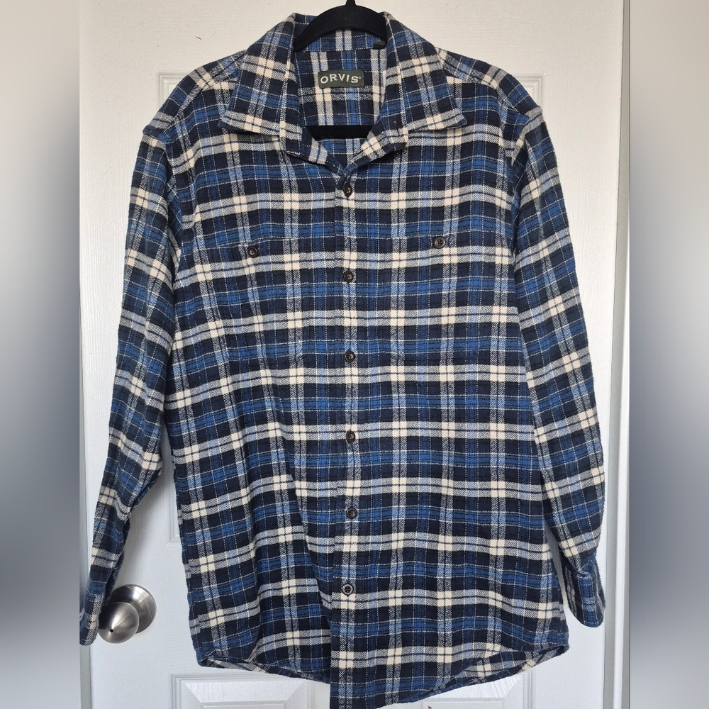 Orvis Perfect Flannel Shirt Men’s L Blue White Plaid 100% Cotton Long Sleeve